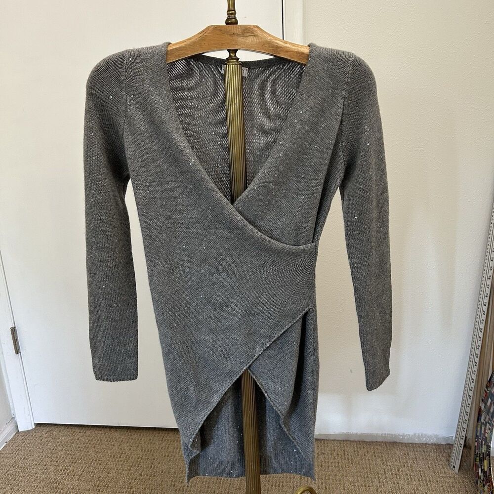 Brunello Cucinelli Grey Cashmere Sequin Wrap Sweater, Size S, quiet luxury